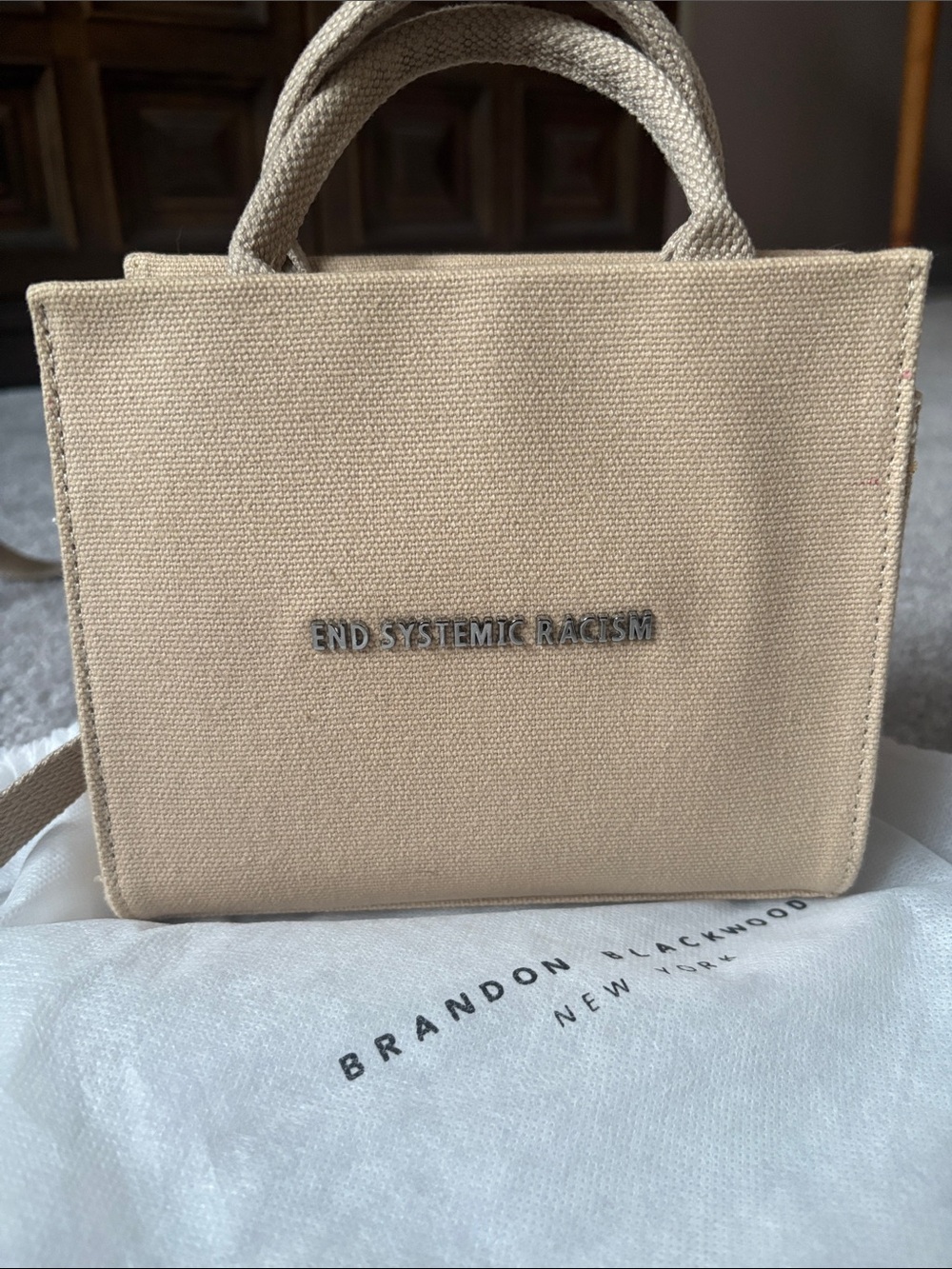 Brandon Blackwood Beige Canvas Mini Tote with 'End Systemic Racism' Plaque